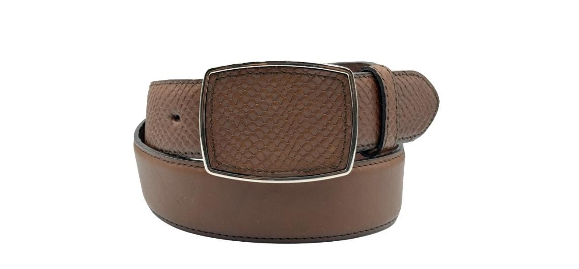 Men's snake-embossed leather belt, buckle with leather insert, 40mm, made in Mexico