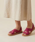 Women's open-toe huaraches | woven leather Raspberry | few straps, fresh | comfortable thin sole | handmade in Mexico