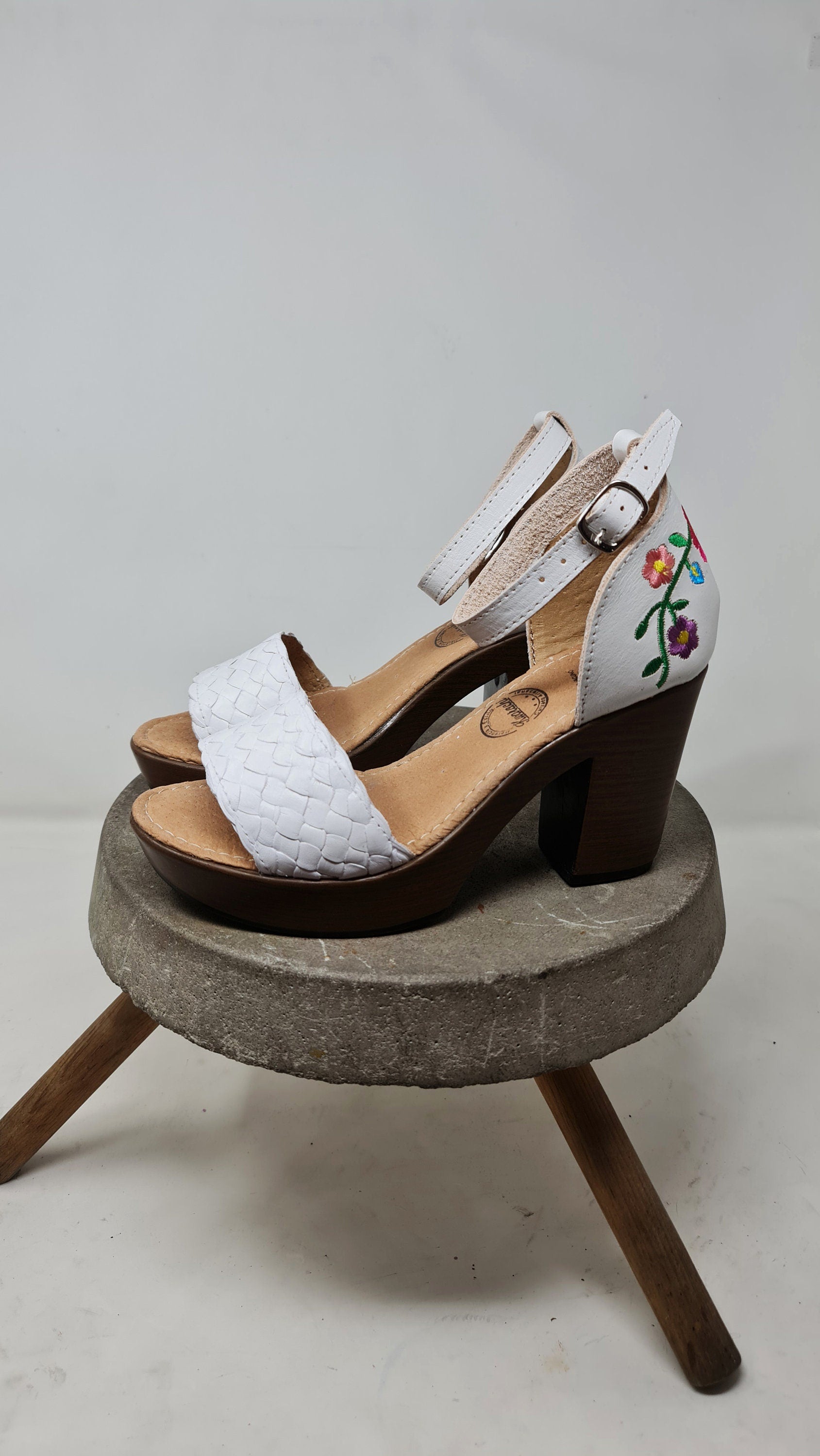 Women's white platform huarache sandals with colorful embroidered heels, Mexican huarache heels