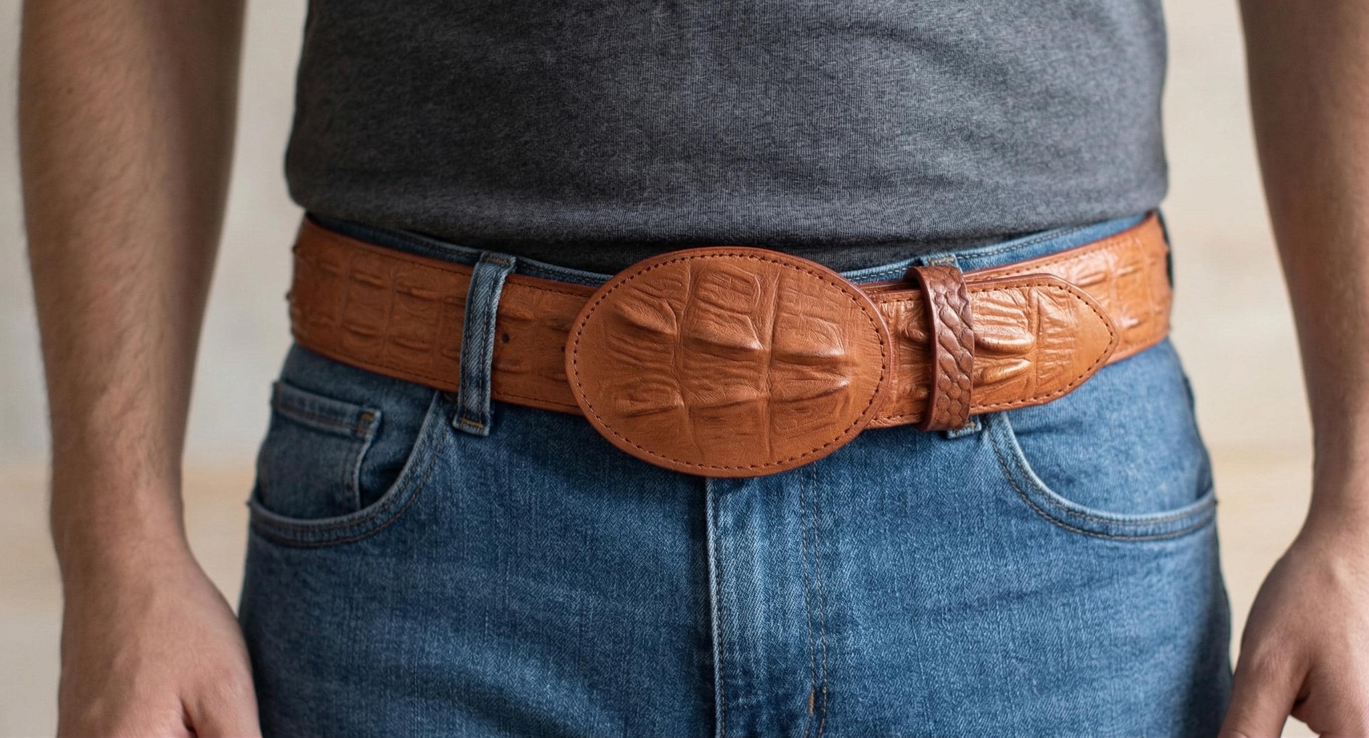 Men's imitation crocodile cowboy belt in embossed cowhide, 40mm wide, handmade belt in honey brown or black