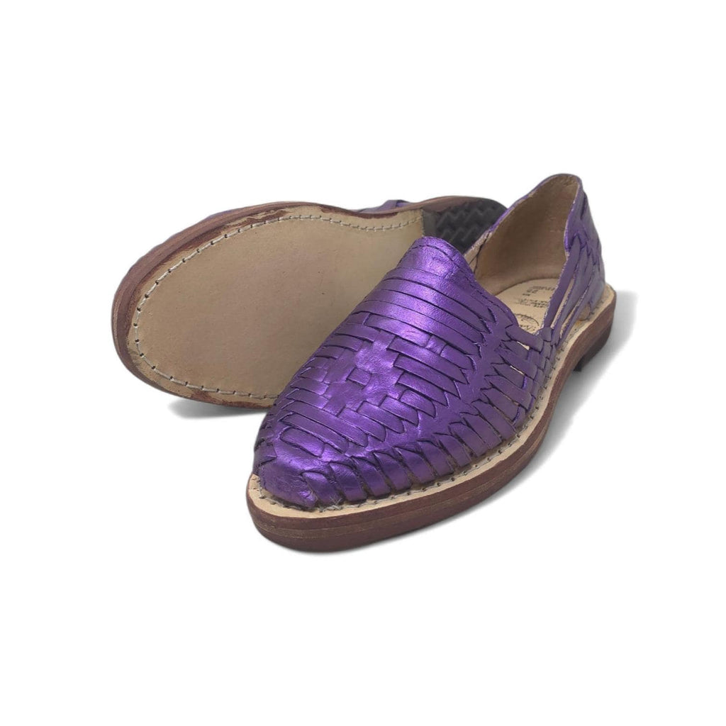 Mexican Huaraches for women, closed toe, woven metallic purple leather, handmade artisanal sandals made in Mexico