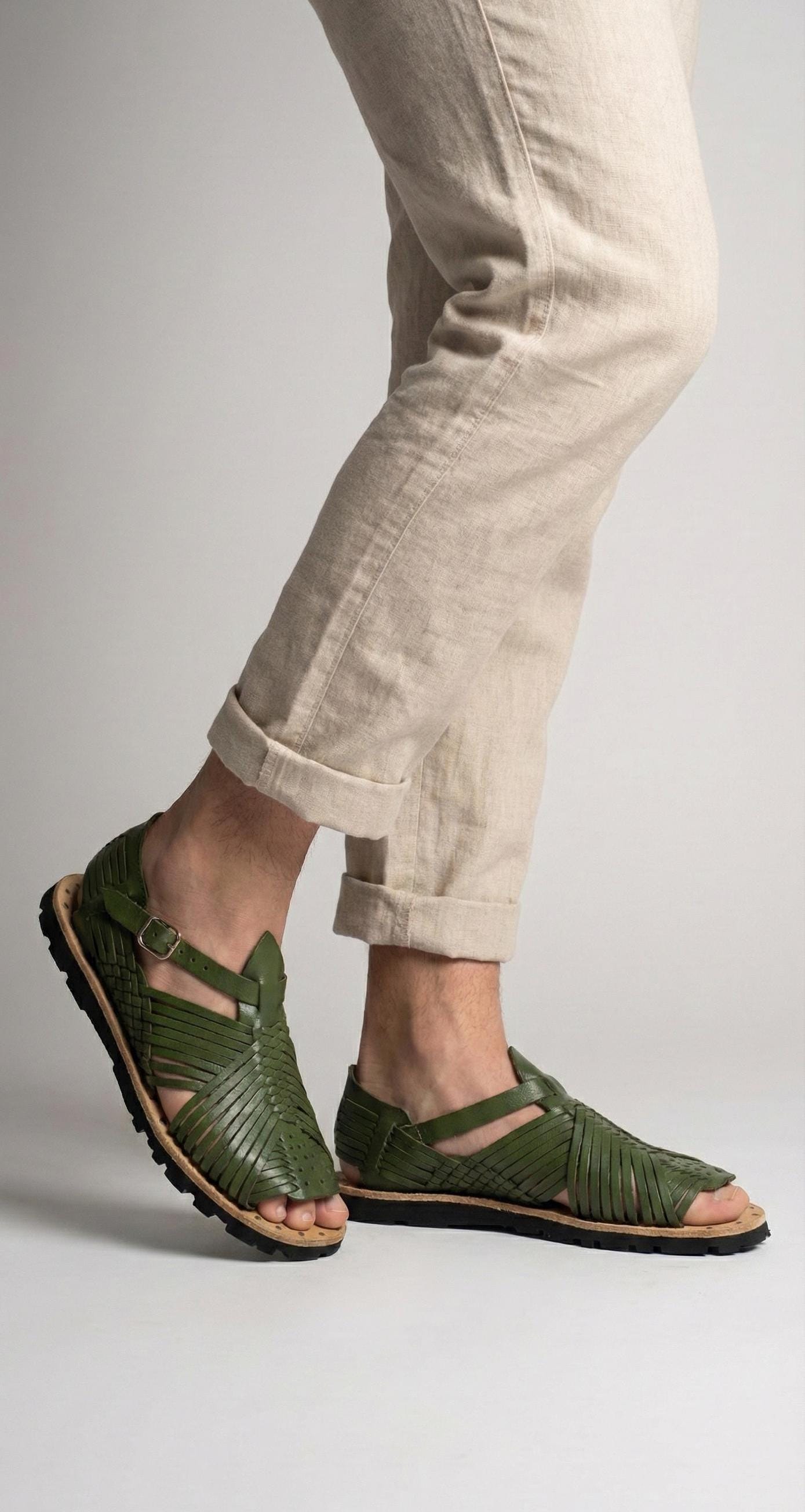 Men's open-toe Mexican huaraches, genuine leather, tire sole, avocado color, made in Mexico