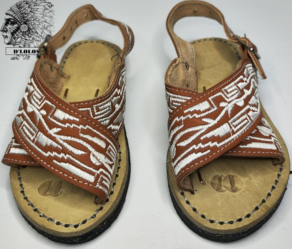 Handmade huaraches for children, brown or black leather sandals with white thread, buckle, made in Mexico