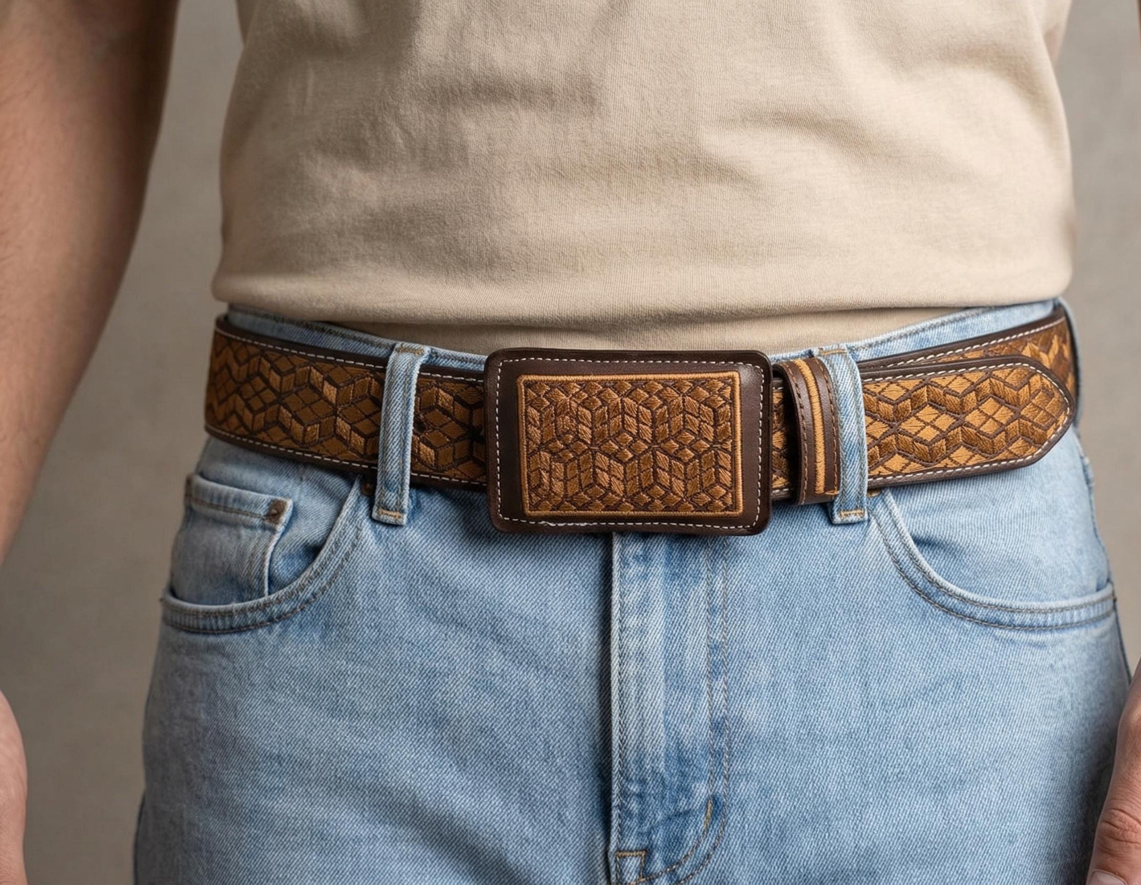 Artisan embroidered western belt for men, crafted in vaqueta leather