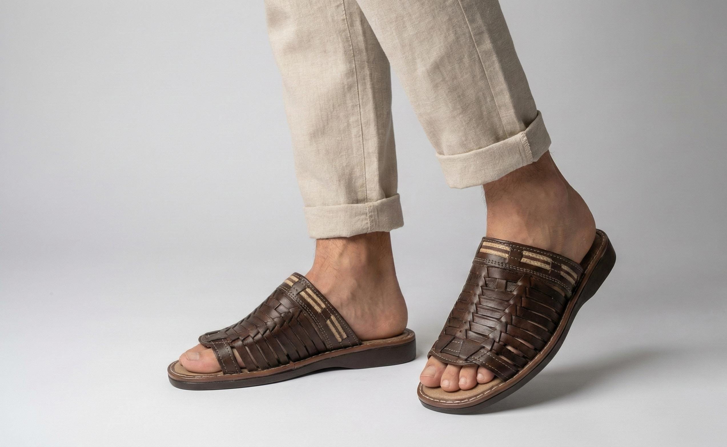 Men's mule huaraches, woven leather, honey or brown color, lightweight cushioned sole, handmade in Mexico