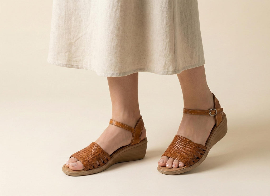 Women's platform huaraches, brown leather Mexican sandal, open toe, adjustable ankle strap, handmade in Mexico