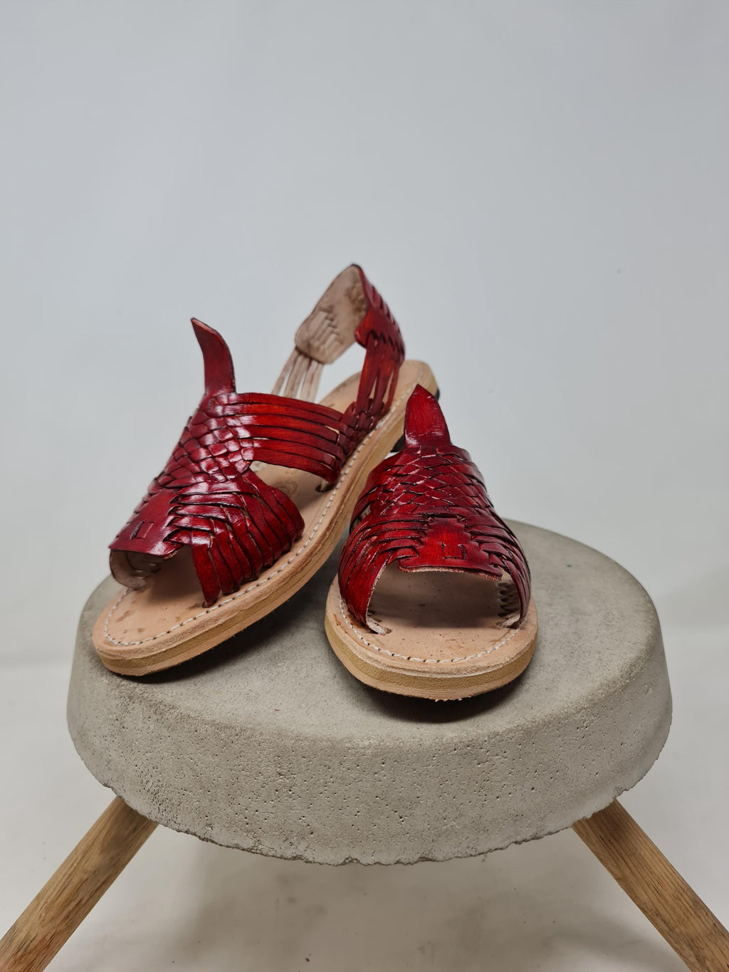 Women's open-toe pachuco huaraches, wine-colored leather, handmade in Mexico