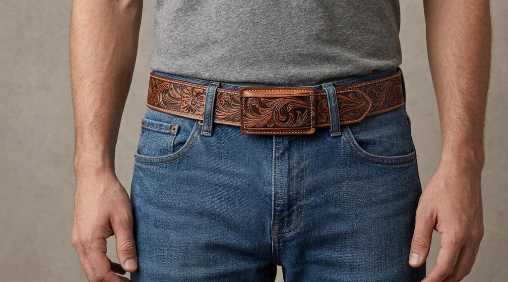 Montana-style 45mm engraved leather cowboy belt, genuine handmade cowhide from Mexico