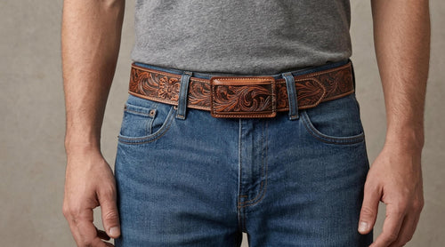 Montana-style 45mm engraved leather cowboy belt, genuine handmade cowhide from Mexico