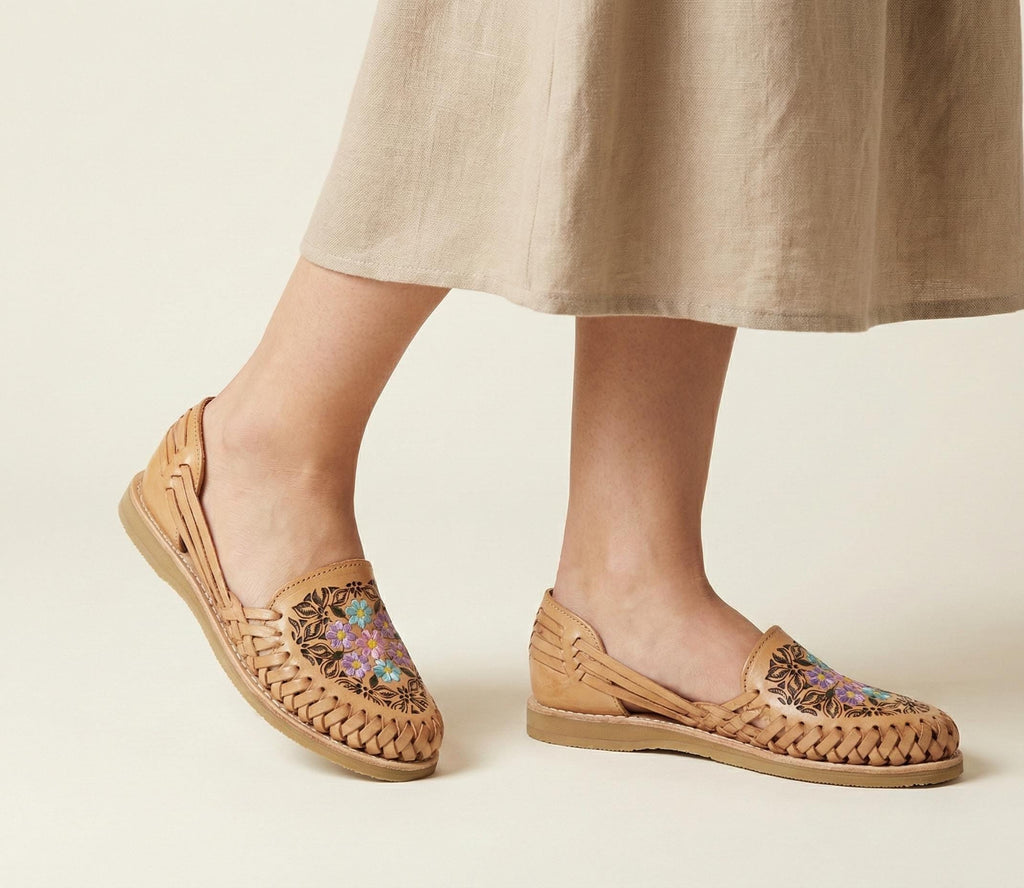Embroidered huaraches for women, closed toe, genuine leather with flowers, white/honey/brown, handmade in Mexico