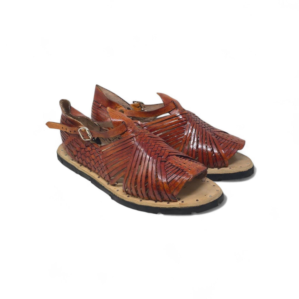 Men's pachuco huaraches, open toe, tobacco brown leather, studded tire sole, made in Mexico