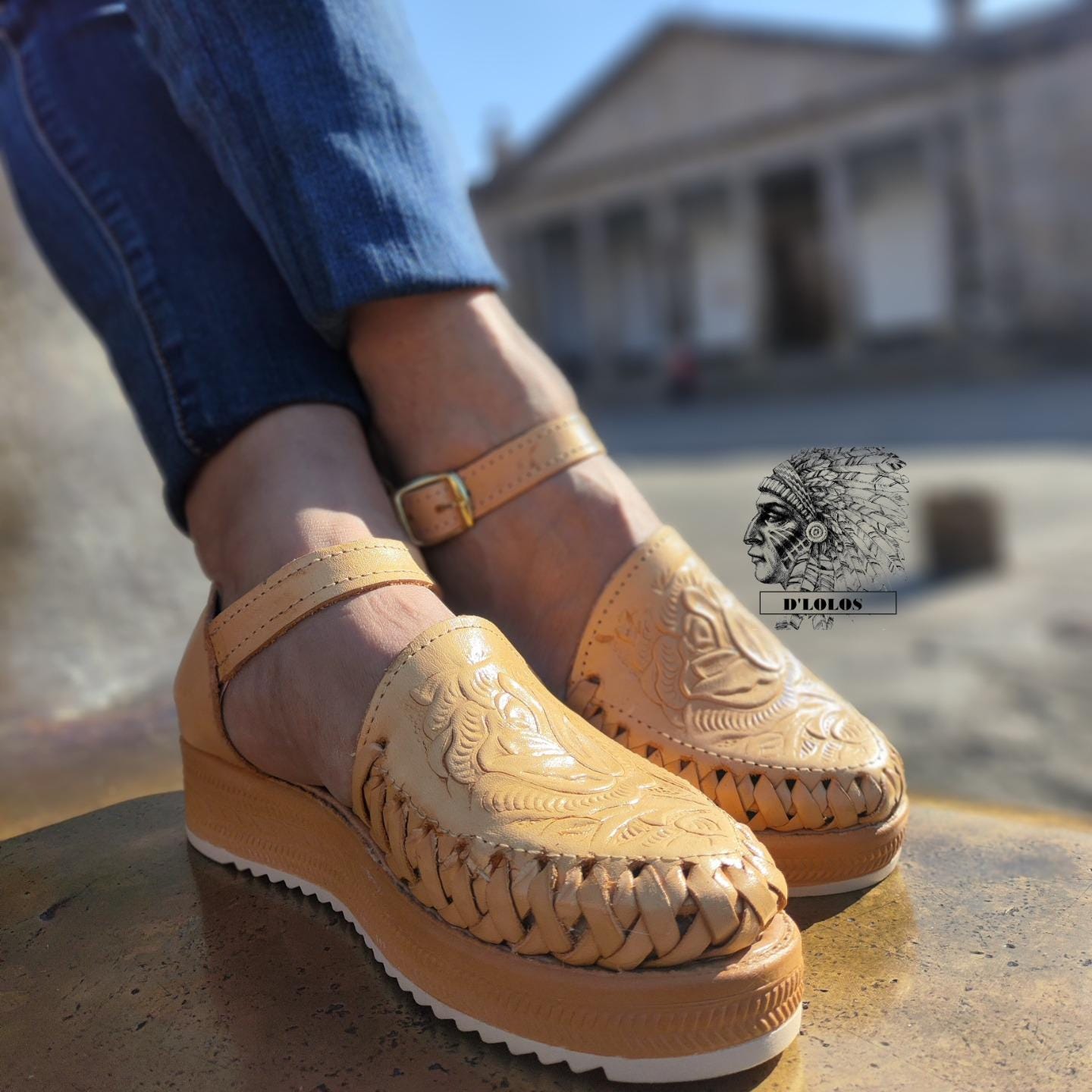 Women's Mexican Huaraches in Honey with Floral Engraving and Strap | Handcrafted, Comfortable, Fresh, and with Non-Slip Sole