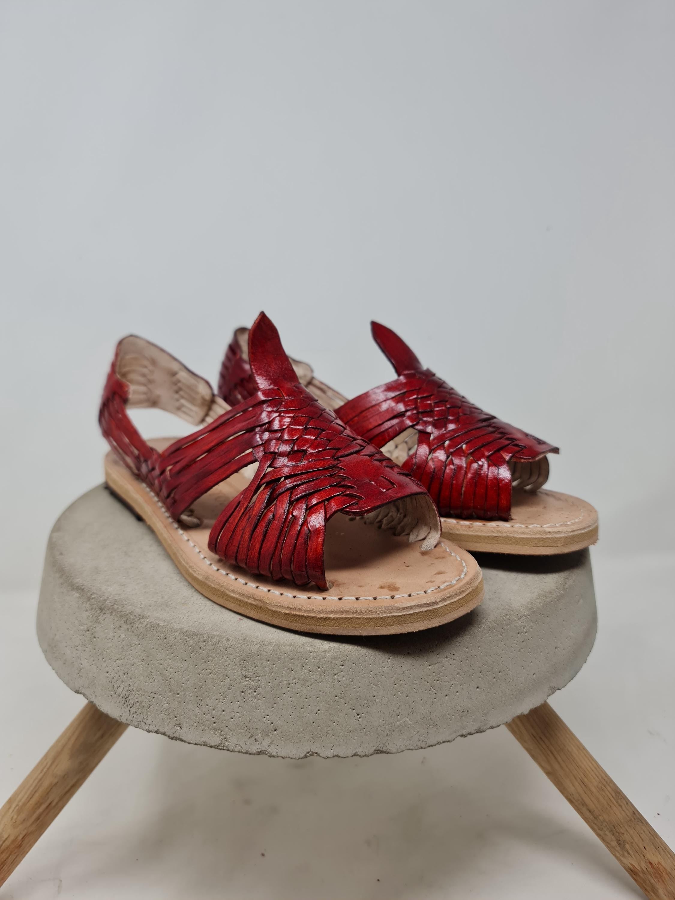 Women's open-toe pachuco huaraches, wine-colored leather, handmade in Mexico
