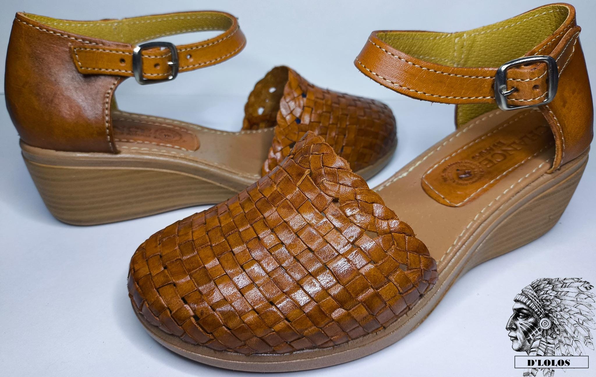 Women's lightweight platform huaraches closed toe braided brown leather adjustable ankle strap handmade Mexico