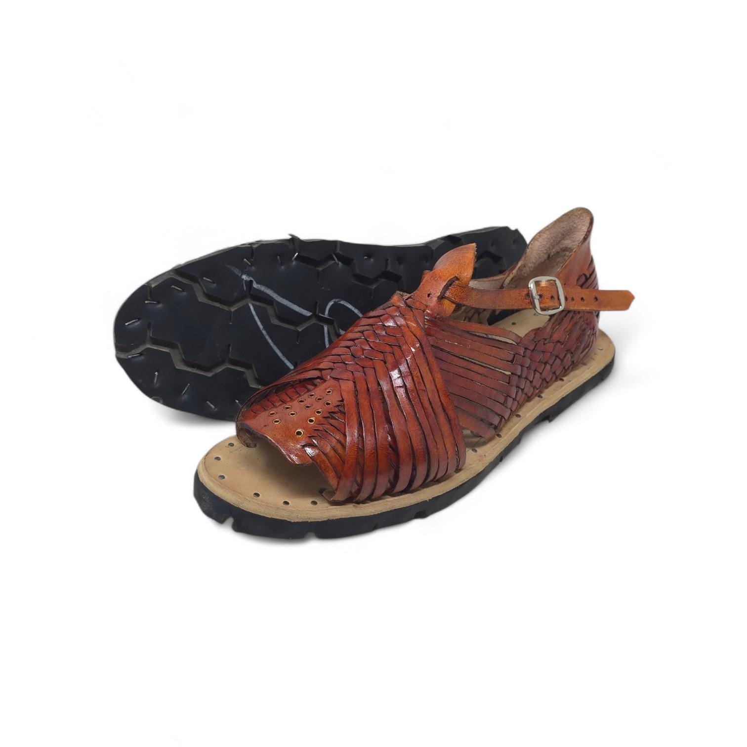 Men's pachuco huaraches, open toe, tobacco brown leather, studded tire sole, made in Mexico
