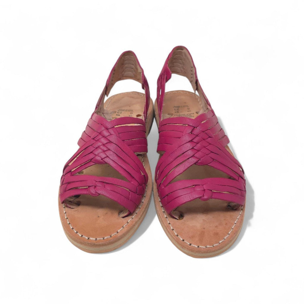 Women's open-toe huaraches | woven leather Raspberry | few straps, fresh | comfortable thin sole | handmade in Mexico