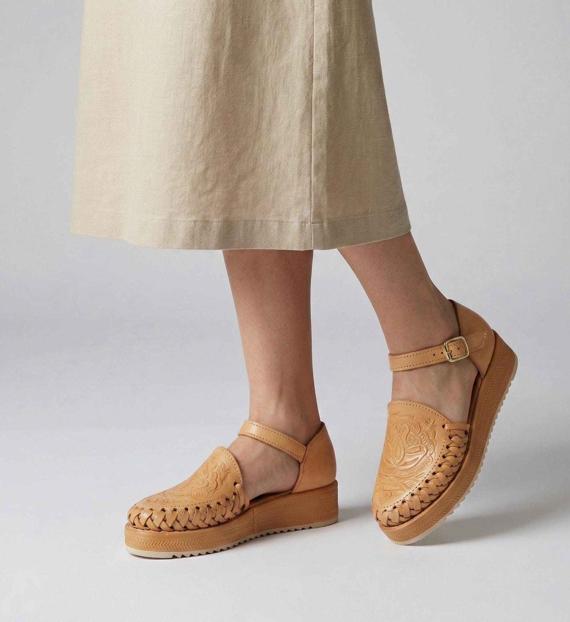 Women's Mexican Huaraches in Honey with Floral Engraving and Strap | Handcrafted, Comfortable, Fresh, and with Non-Slip Sole