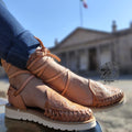 Lace-up huaraches for women, top view of the woven leather upper