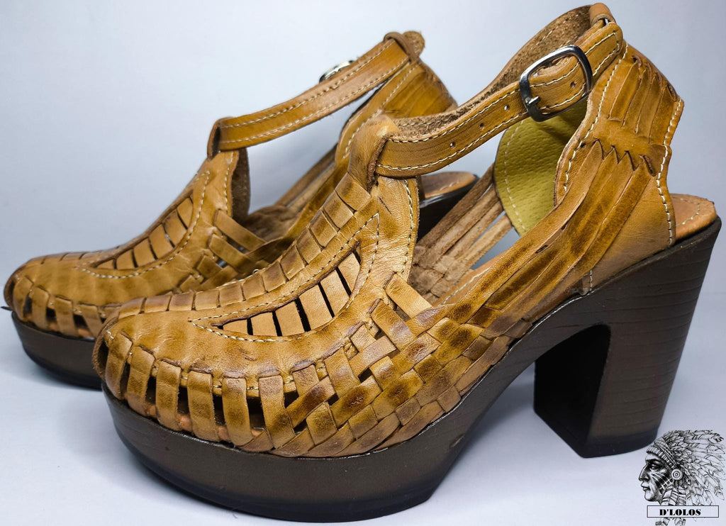 Women's closed-toe Mexican heel huaraches genuine leather honey black rainbow handmade in Mexico