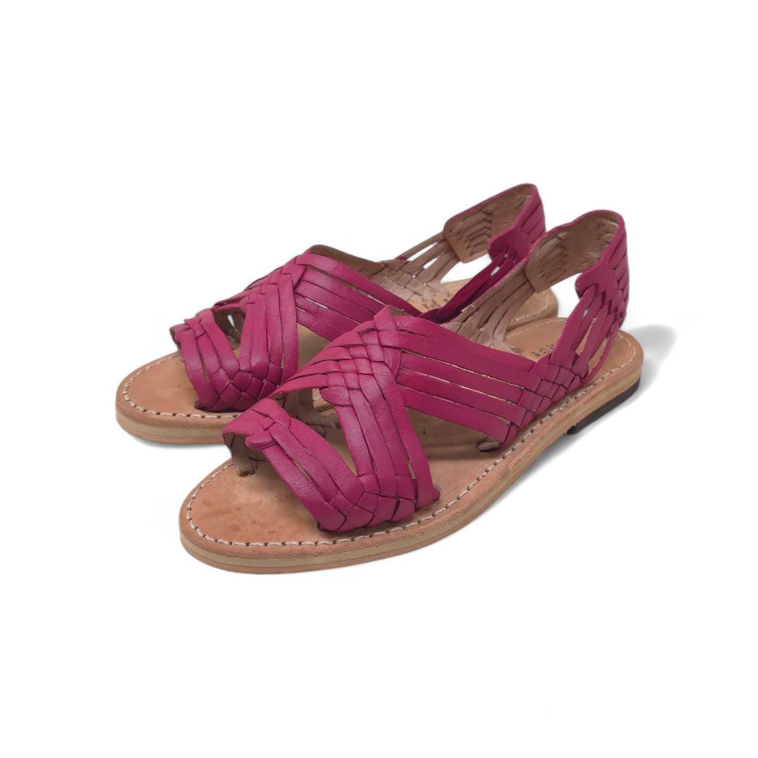 Women's open-toe huaraches | woven leather Raspberry | few straps, fresh | comfortable thin sole | handmade in Mexico