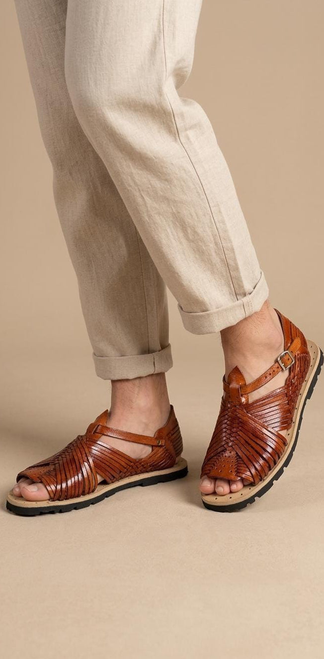Men's pachuco huaraches, open toe, tobacco brown leather, studded tire sole, made in Mexico