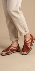 Men's pachuco huaraches, open toe, tobacco brown leather, studded tire sole, made in Mexico