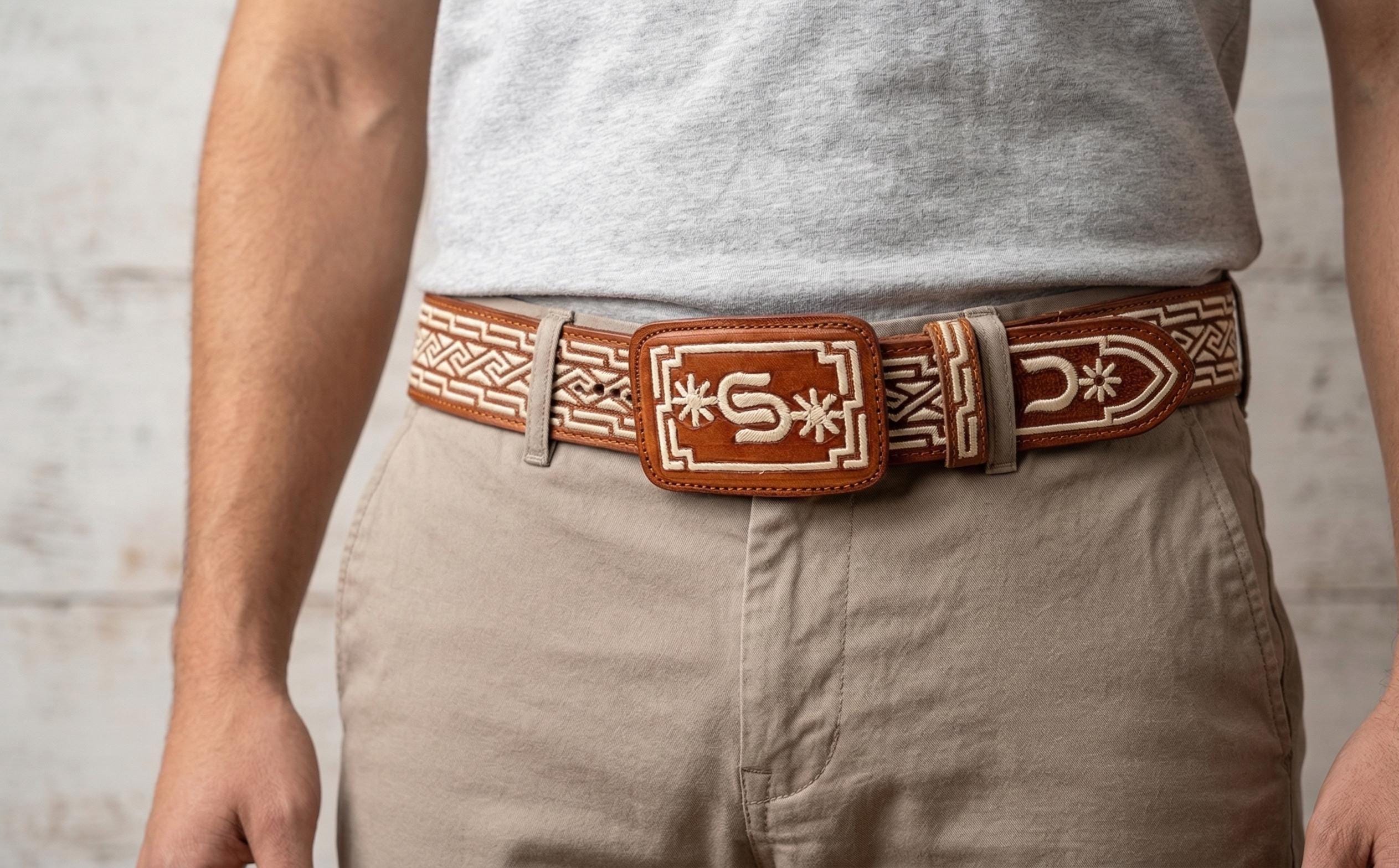 Premium 100% handmade piteado leather belt, handcrafted cowboy belt made in Mexico with authentic pita fiber, 45 mm