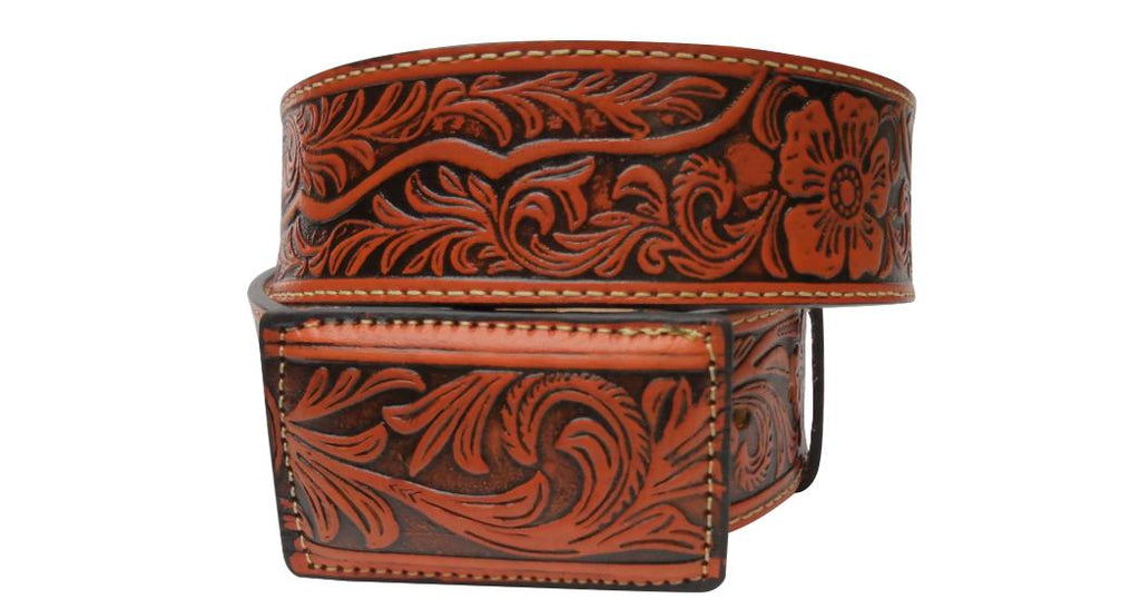 Montana-style 45mm engraved leather cowboy belt, genuine handmade cowhide from Mexico