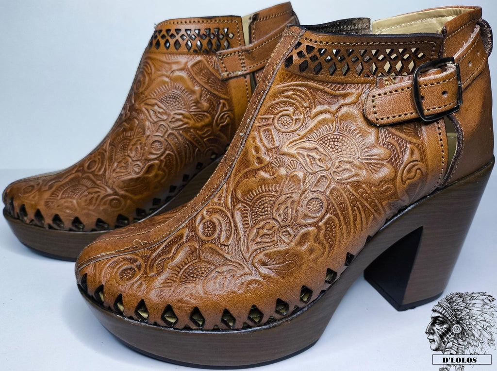 Women's boot huaraches | brown engraved leather ankle boot | lightweight platform heel | handmade in Mexico