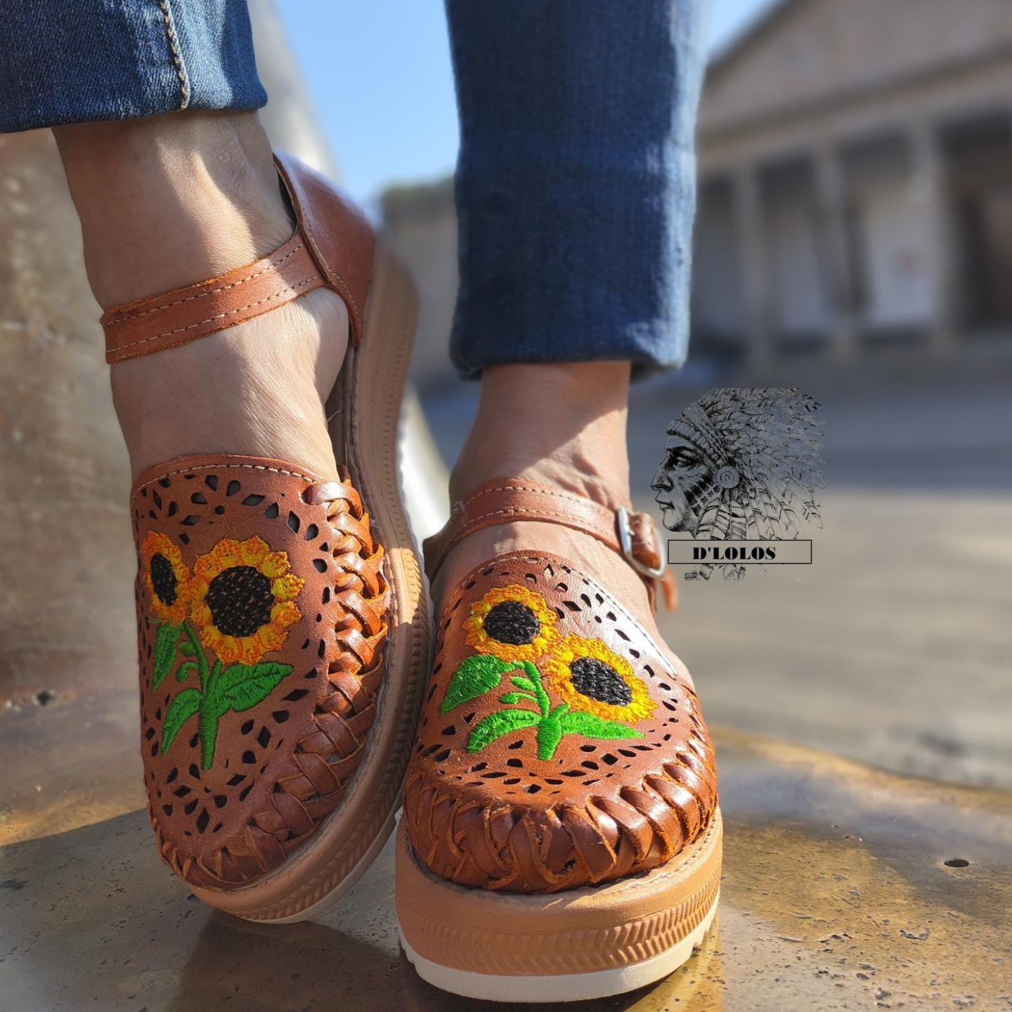 Women's Embroidered Mexican Huaraches with Sunflowers, Closed Toe, Tan with High Platform