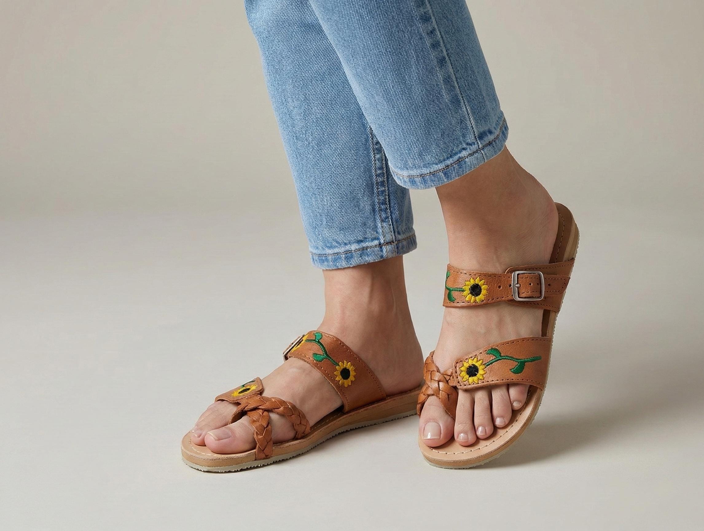 Handmade Leather Huaraches with Embroidered Flowers - Backless Sandals for Women - Brown and White Colors