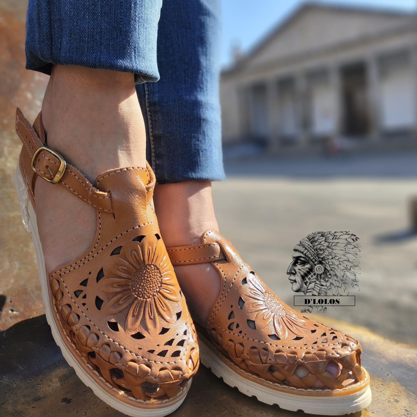 Mexican leather huaraches for women – Floral engraving, tan, high sole, closed toe with strap