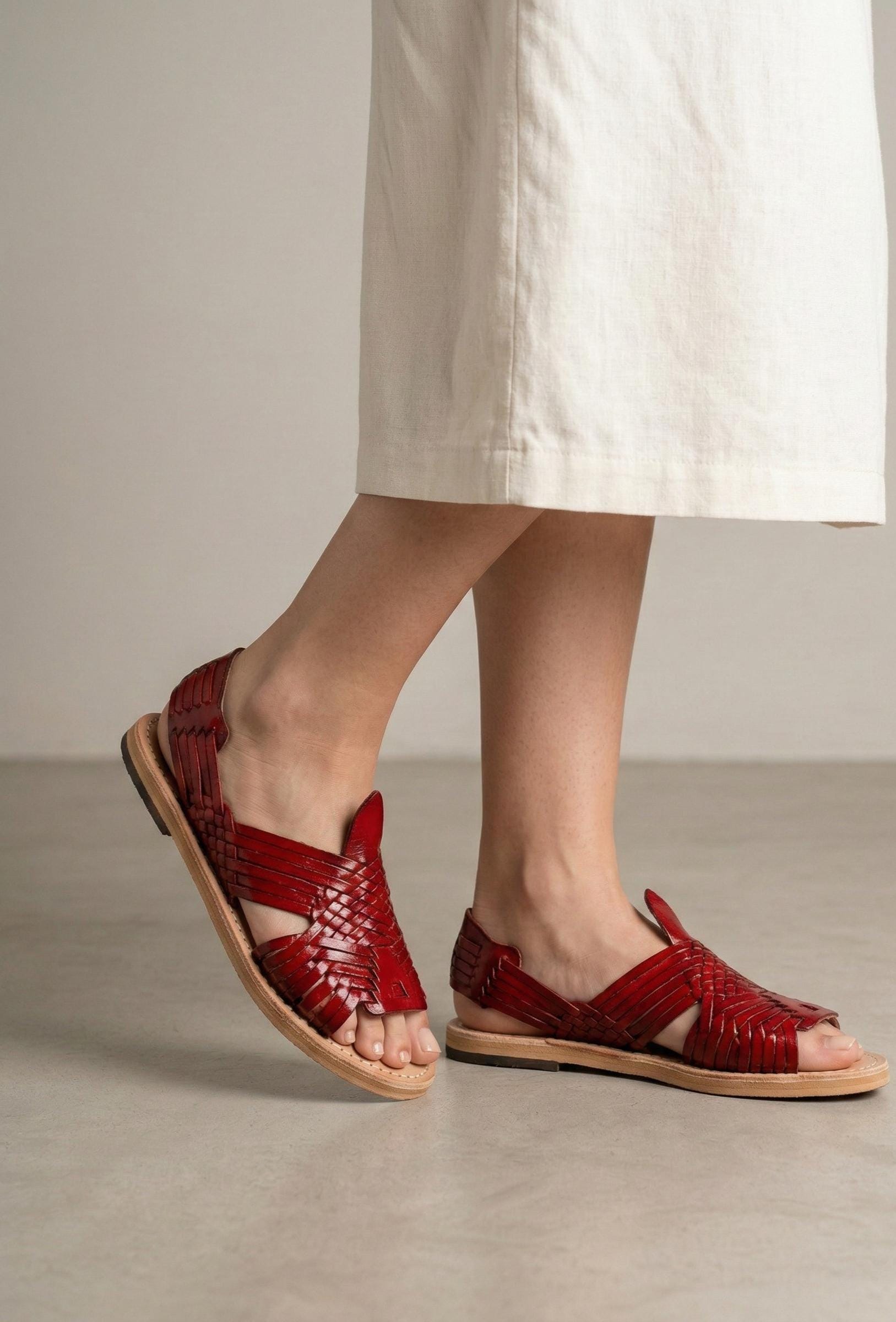 Women's open-toe pachuco huaraches, wine-colored leather, handmade in Mexico