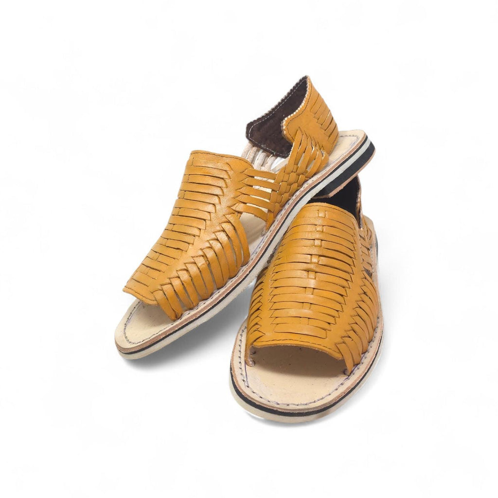 Men's Mexican open-toe mustard huaraches in genuine leather with a thin crepe sole, made in Mexico