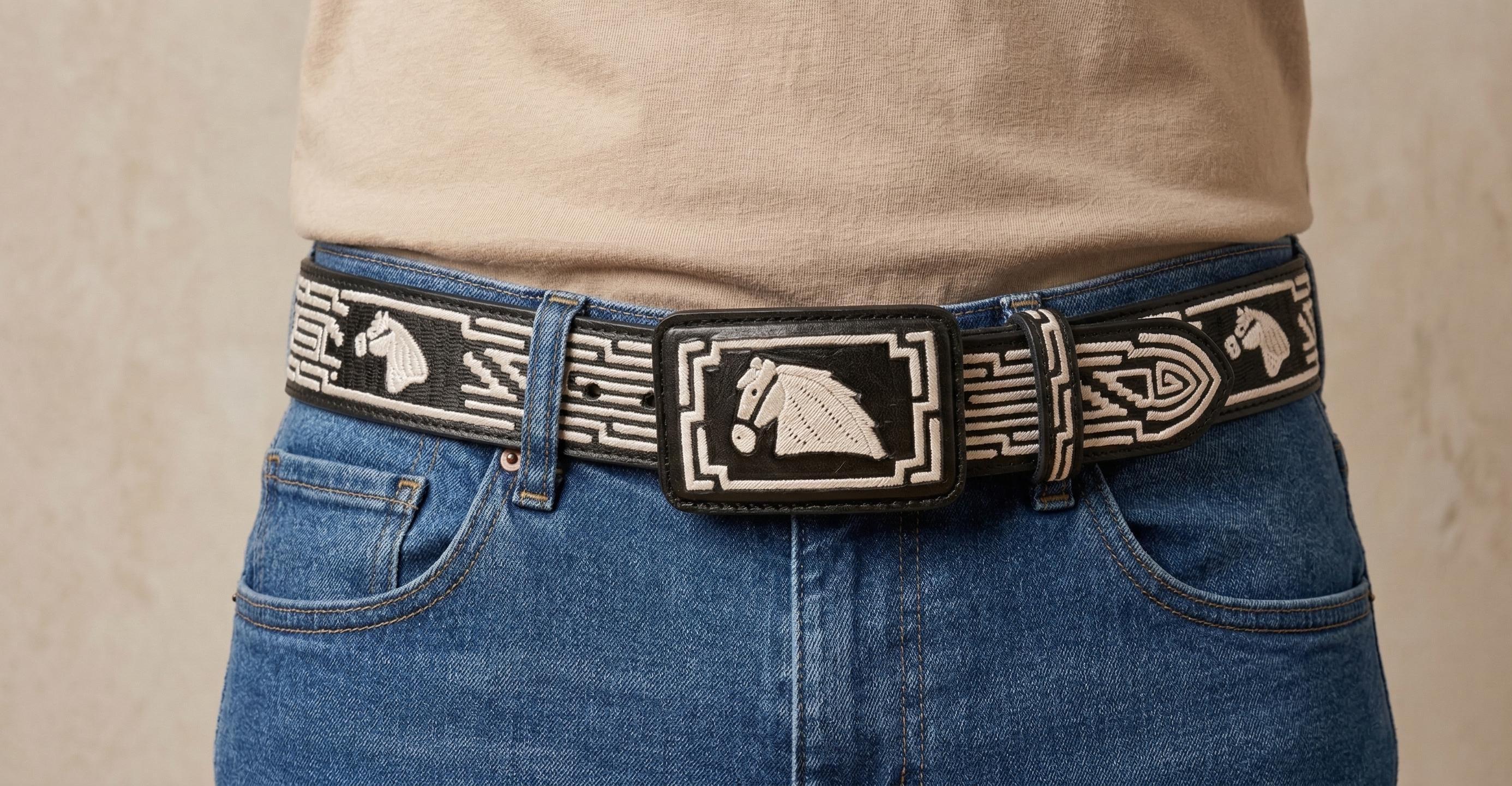 Premium 100% handmade piteado leather belt, handcrafted cowboy belt made in Mexico with authentic pita fiber, 45 mm