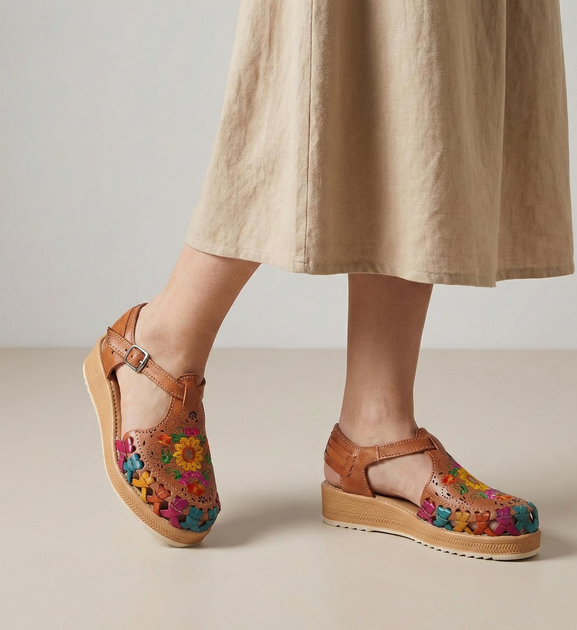 Women's Mexican Huaraches with Embroidered Flowers - Colorful Artisan Sandals with High Sole