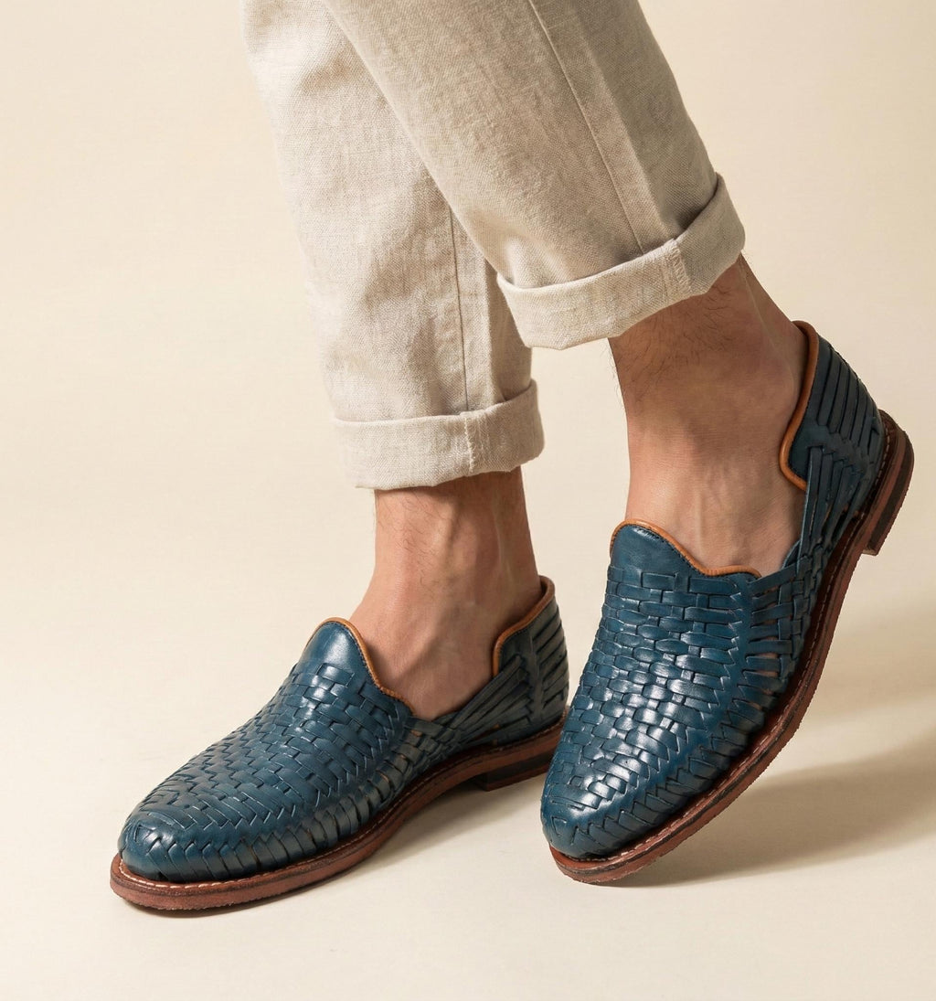 Men's blue huaraches, handmade leather shoes, made in Mexico
