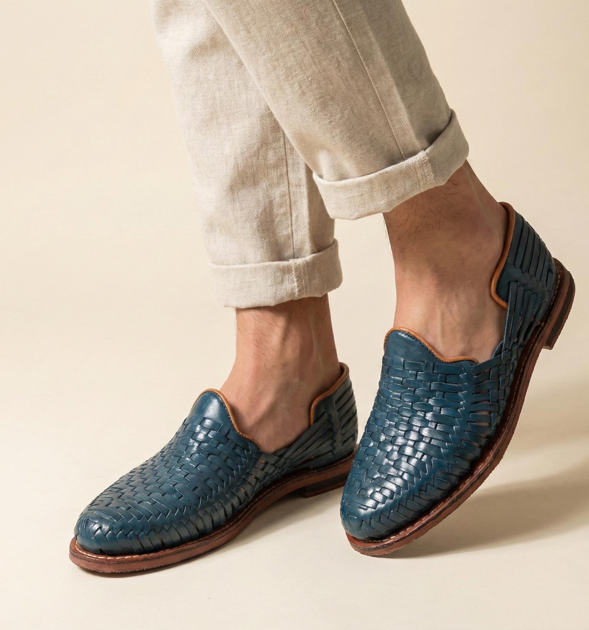 Men's blue huaraches, handmade leather shoes, made in Mexico