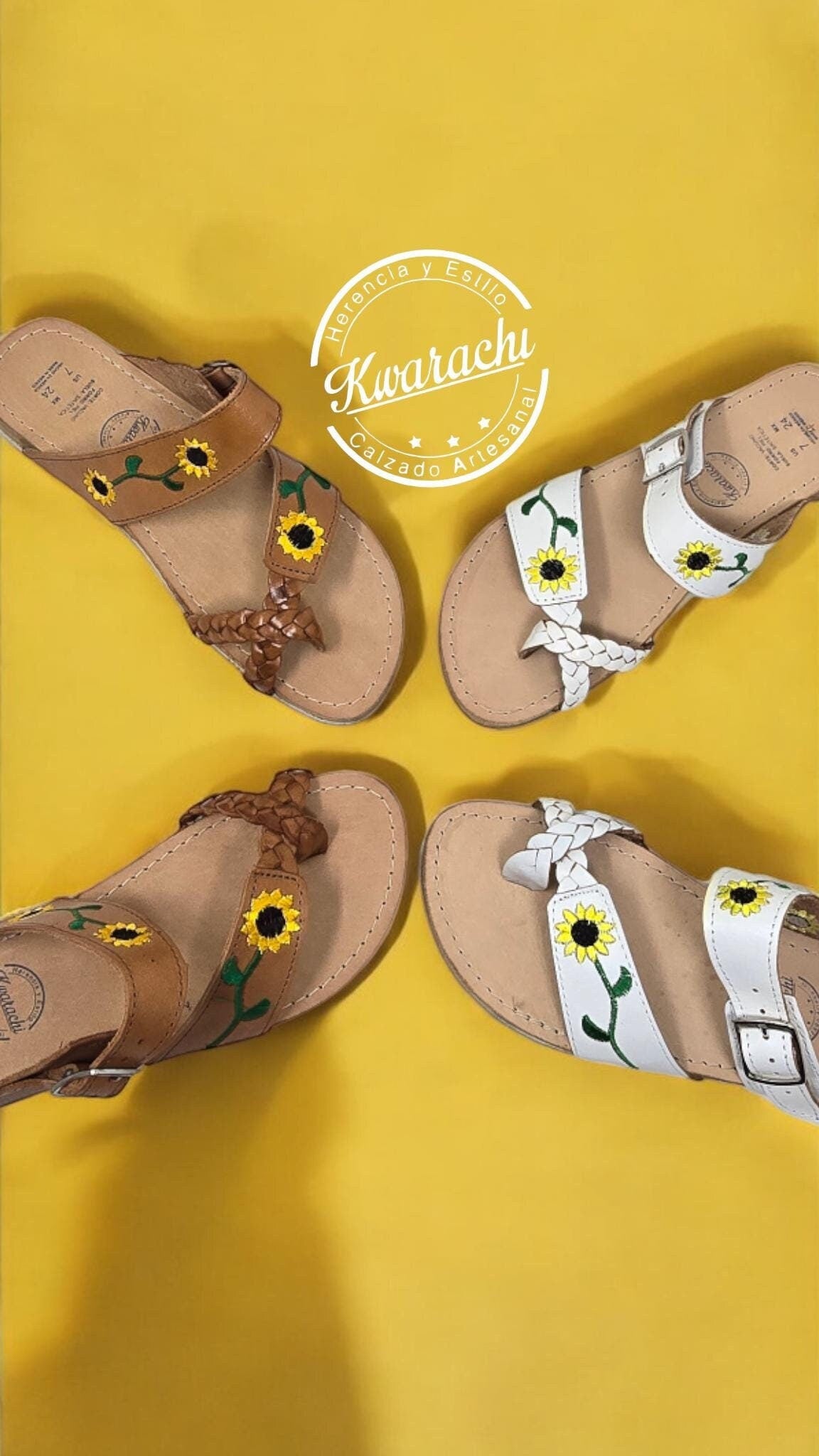 Handmade Leather Huaraches with Embroidered Flowers - Backless Sandals for Women - Brown and White Colors