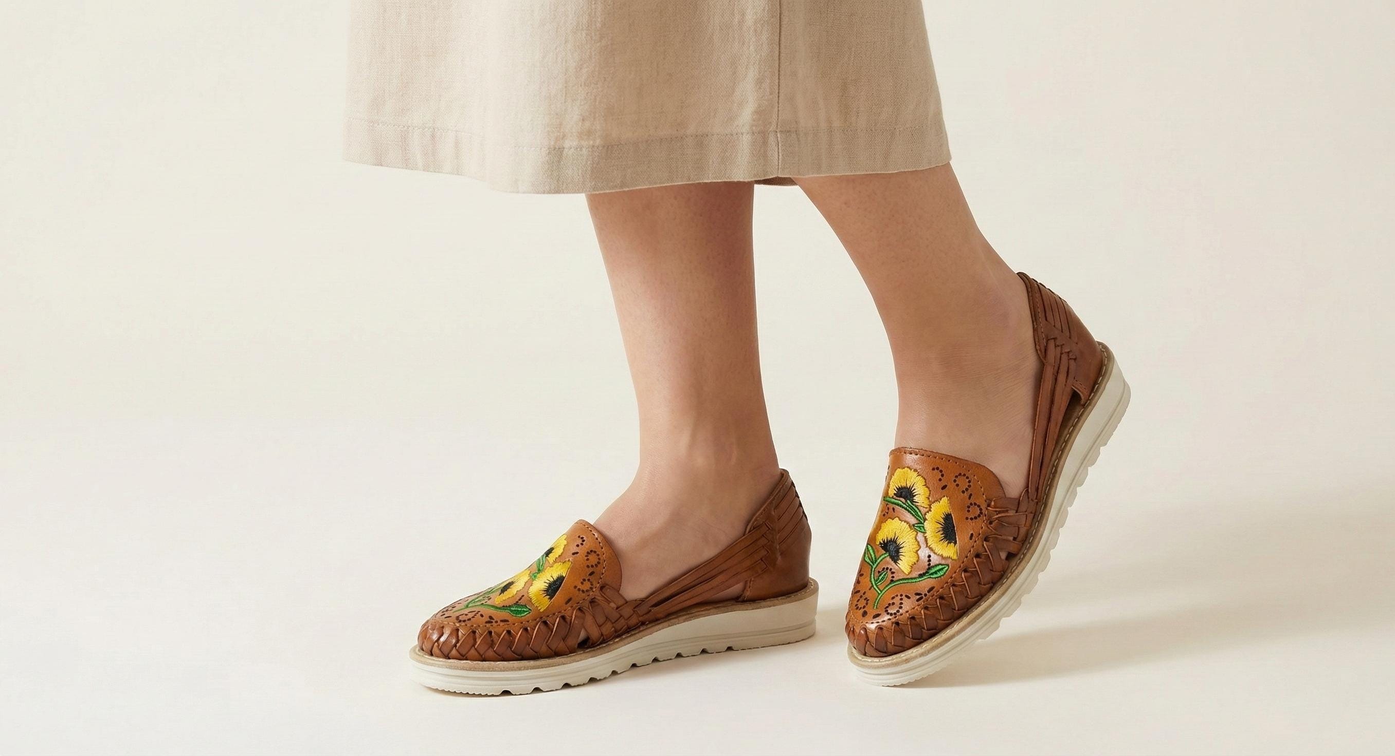 Honey-colored handmade huaraches for women with embroidered flowers | Closed toe, high sole, and authentic Mexican design