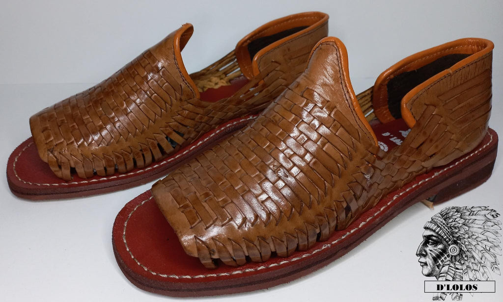 Men's open-toe huaraches, woven leather, honey or reddish brown, comfortable slip-ons, made in Mexico
