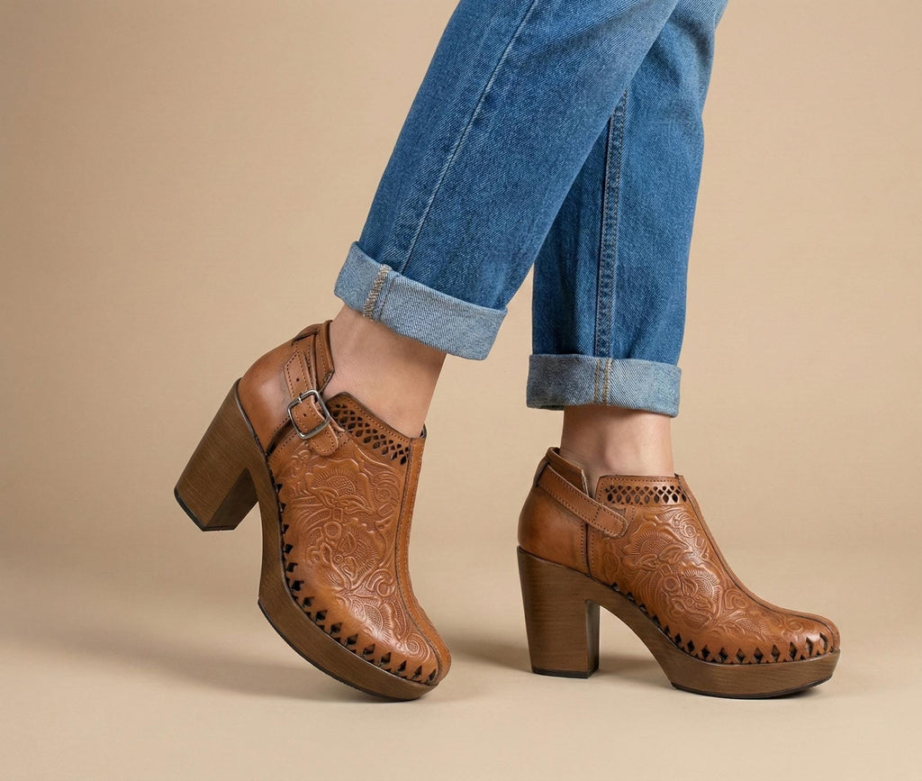 Women's boot huaraches | brown engraved leather ankle boot | lightweight platform heel | handmade in Mexico