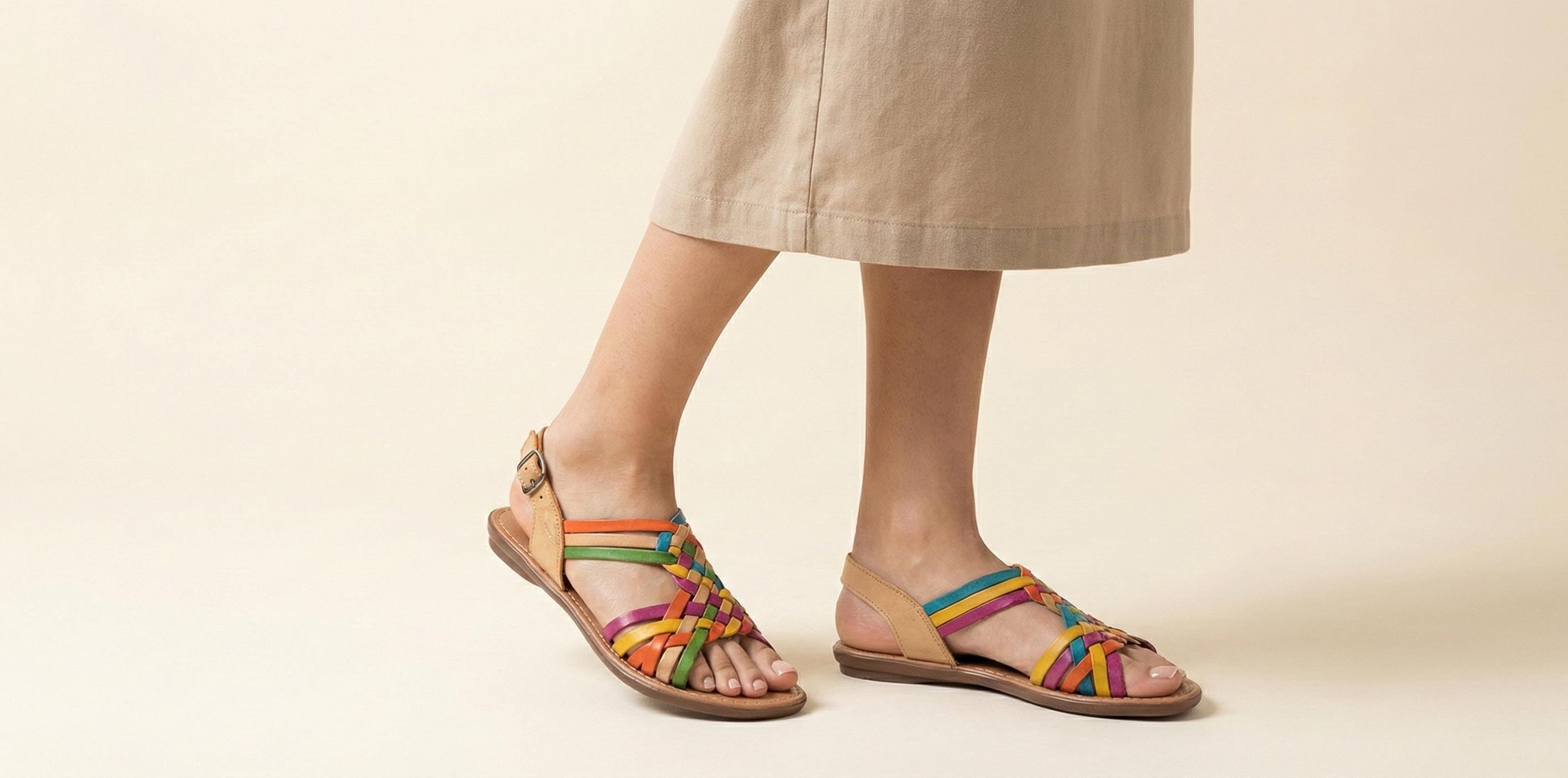 Handmade huaraches for women with ankle strap – Rainbow, honey, or brown colors – Comfortable and fresh – Made in Mexico