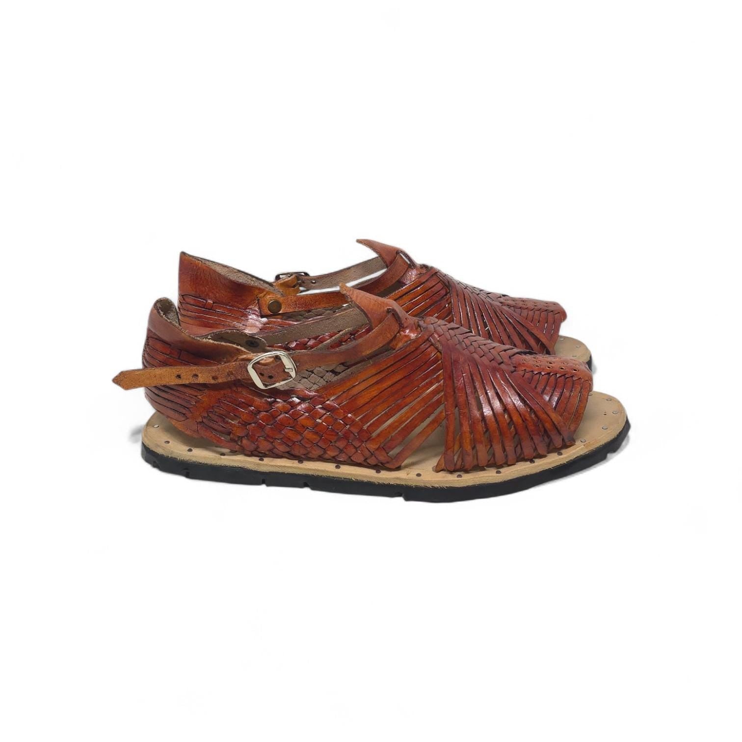 Men's pachuco huaraches, open toe, tobacco brown leather, studded tire sole, made in Mexico