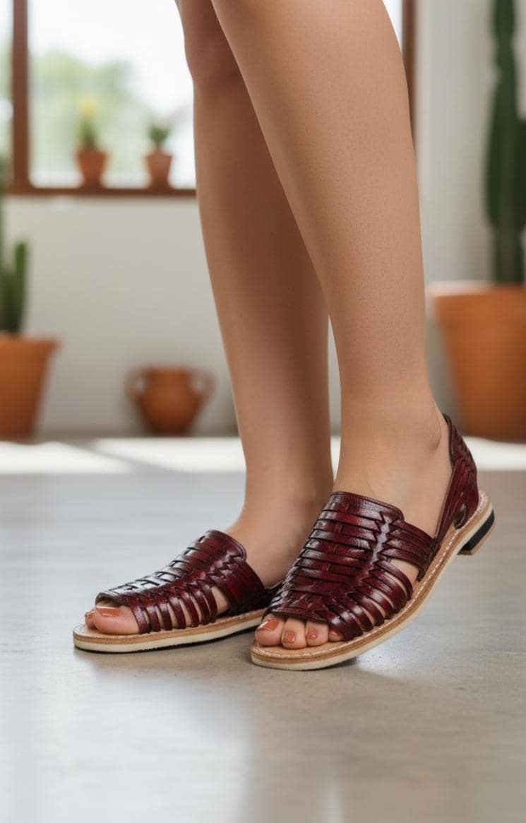 Handmade Women's Huaraches in Wine Color - Unique Design and Handcrafted with Authentic Mexican Artistry