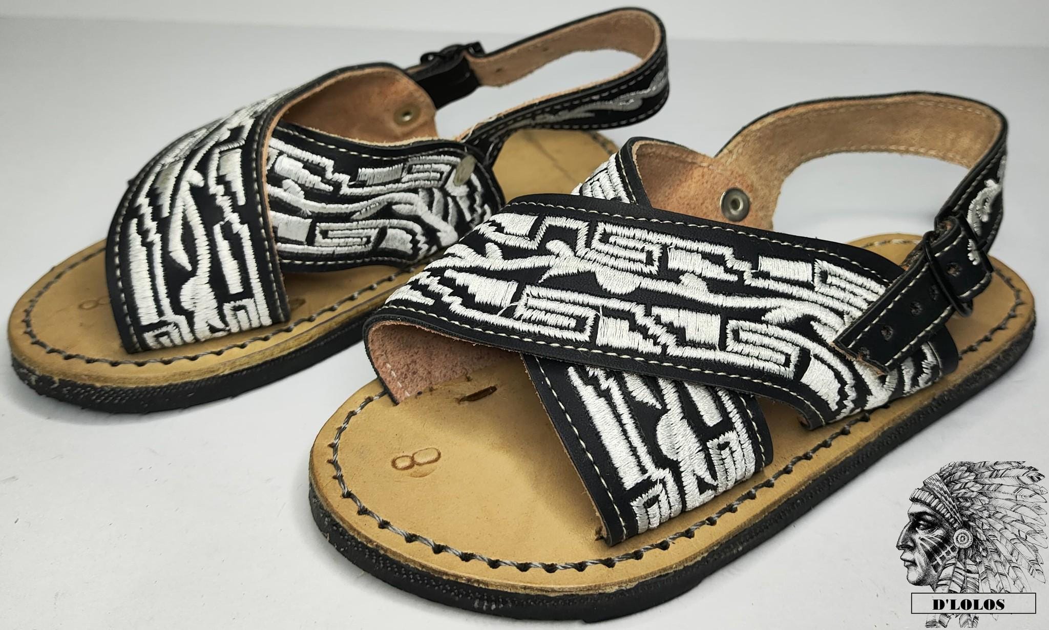Handmade huaraches for children, brown or black leather sandals with white thread, buckle, made in Mexico