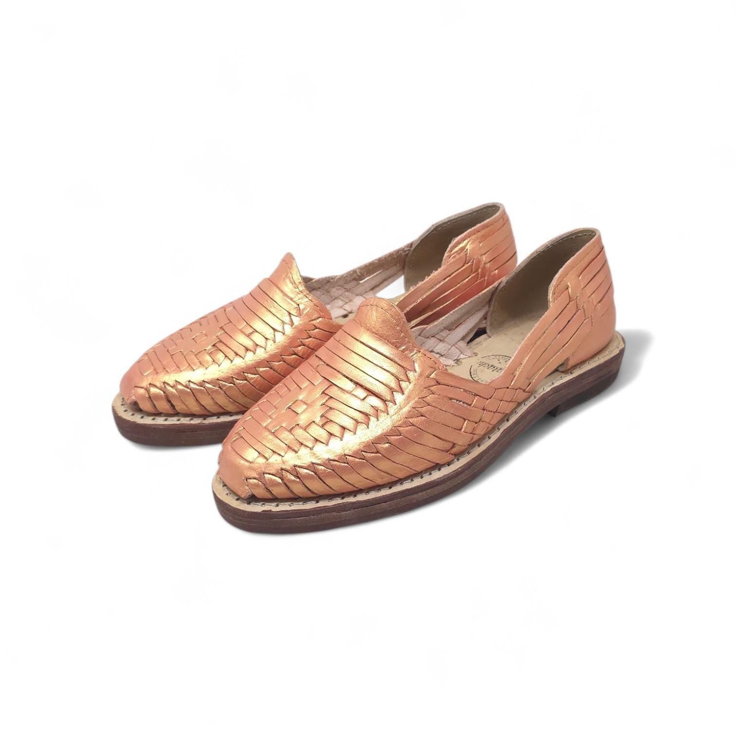 Women's closed-toe huaraches, genuine metallic rose gold leather, rawhide sole, slip-on, handmade in Mexico