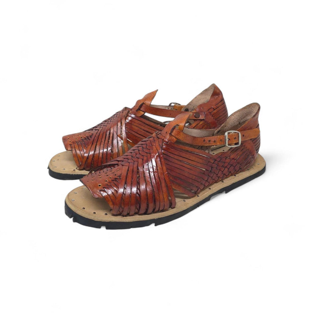 Men's pachuco huaraches, open toe, tobacco brown leather, studded tire sole, made in Mexico