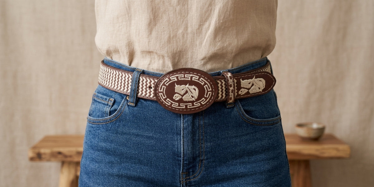 Women's embroidered western belt, styled with jeans and a linen blouse