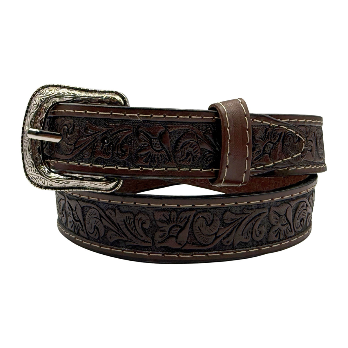 Dark brown western belt in two-tone tooled cowhide with cream stitching